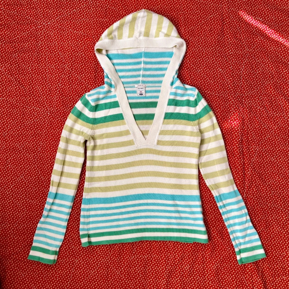 Vintage 2000s Old Navy Striped cotton Knit Hoodie Sweater Green Blue White XS